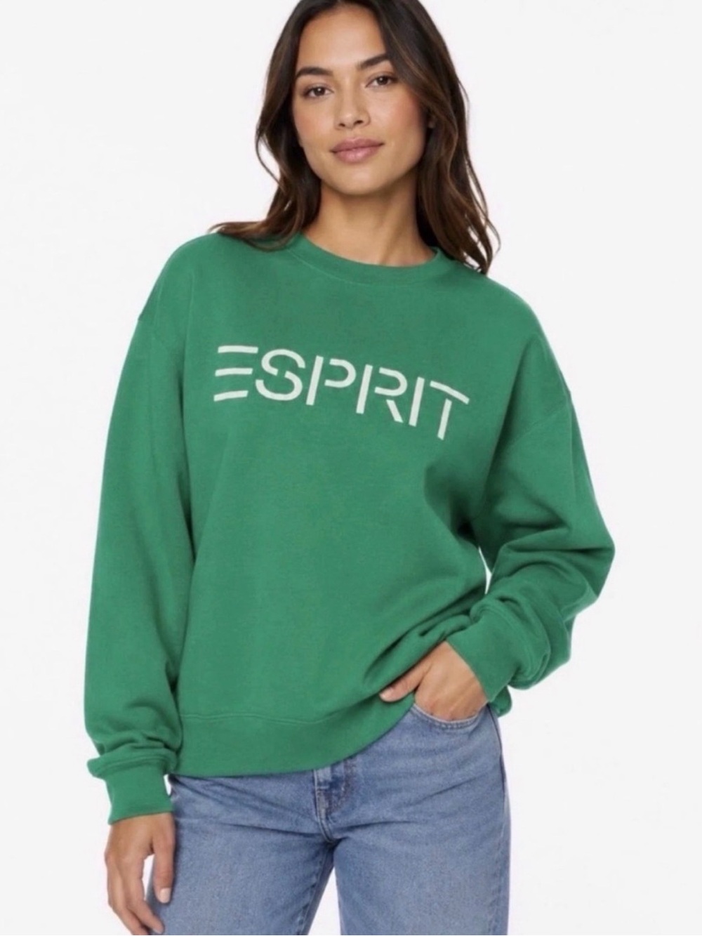 Esprit Women’s Green Logo Crewneck Sweatshirt XSmall GenX Nostalgia Retro Cozy